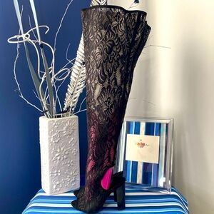 Black lace over the knee chunky high heel peep toe booties boots sandals sz 6